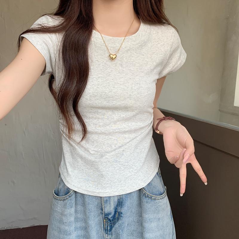 

Сплошная цветная футболка с короткими рукавами и позитивным плечом, летние тонкие короткие топы с тонкой дугой и высокой талией XL серый/бежевый