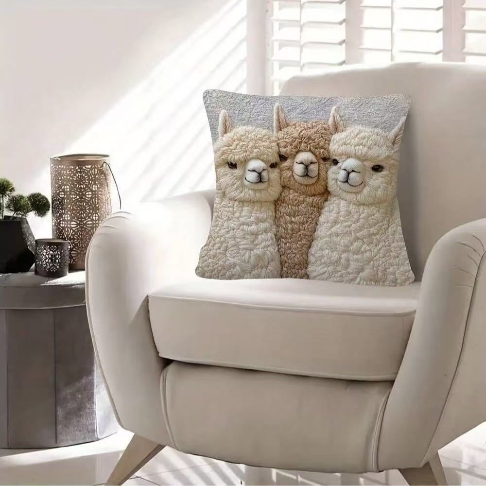 Schattige Alpaca Kussensloop Zacht Kort Fluweel Bank Kussenhoes Auto Hoofdsteun 2D Platte Bedrukking, Niet-Echt Borduurwerk 1 Stuk 45*45Cm
