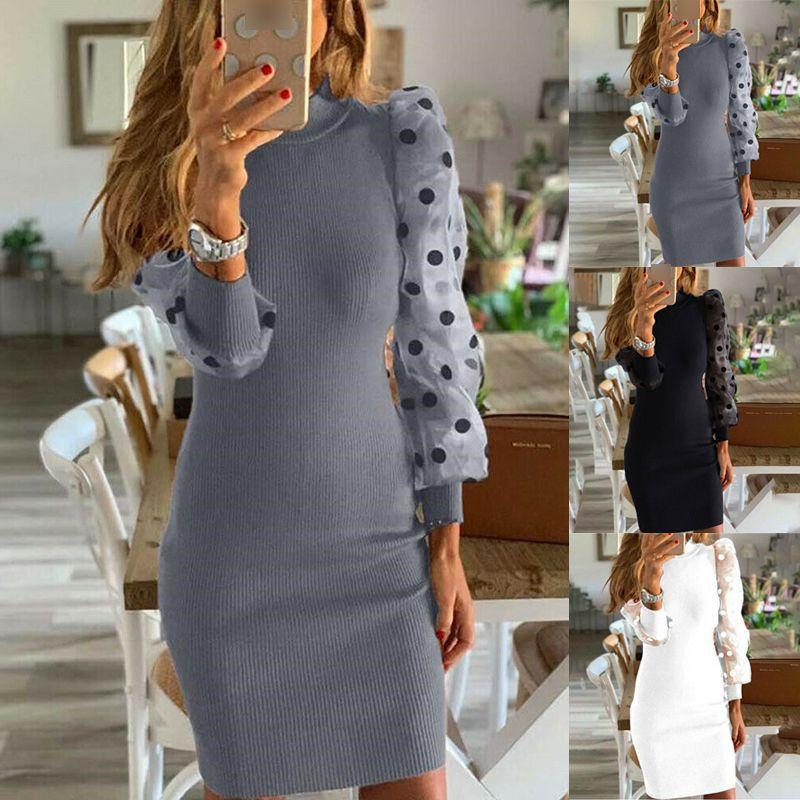 Elegant Women's Polka Dot Jumper With Long Net Yarn Sleeves For Flattering Bodycon Fit