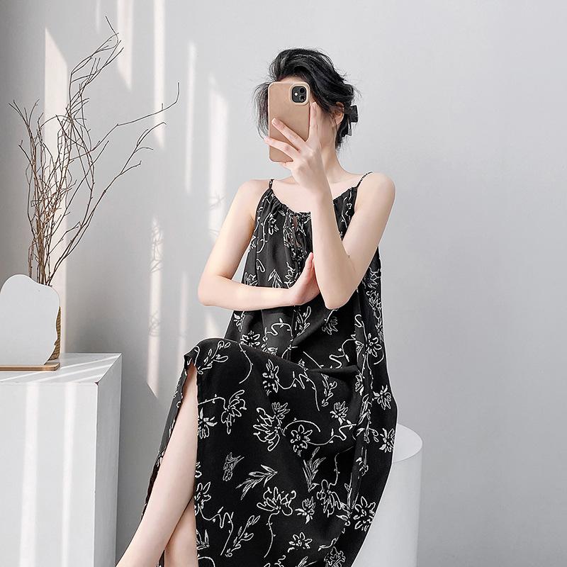 Suspender nightgown women's summer sexy long can wear cotton silk pajamas spring and autumn thin high-end loungewear