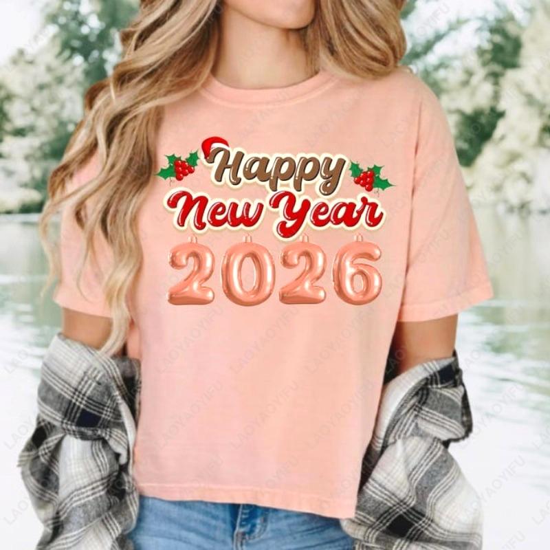 Happy New Year 2026 Shirt Cute Balloon Simple Style Letters Unisex Adult Cotton Tshirts Festival Xmas NYE Party Breathable Tops