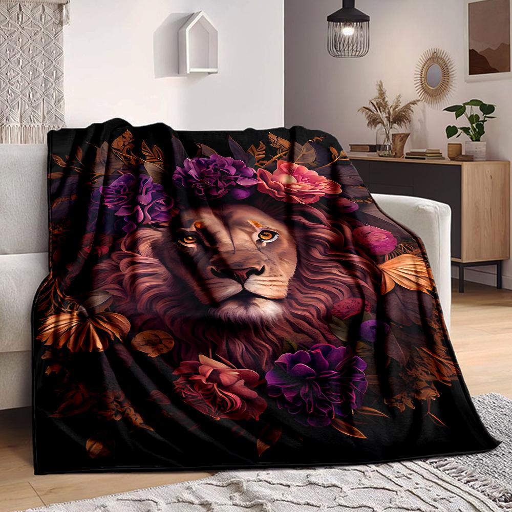 1Pc Lion Amidst Floral Splendor Flannel Blanket, Soft And Comfortable, Casual Warm, Camping Travel, Christmas, Halloween Xmas Gift. G1130