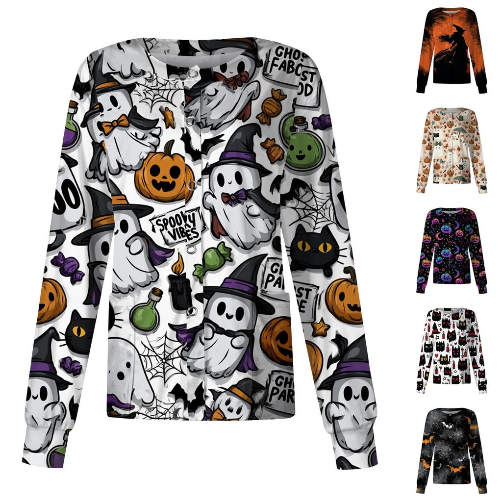 Women's Casual Long Sleeve Button Down Halloween Print Top for Costume Wear