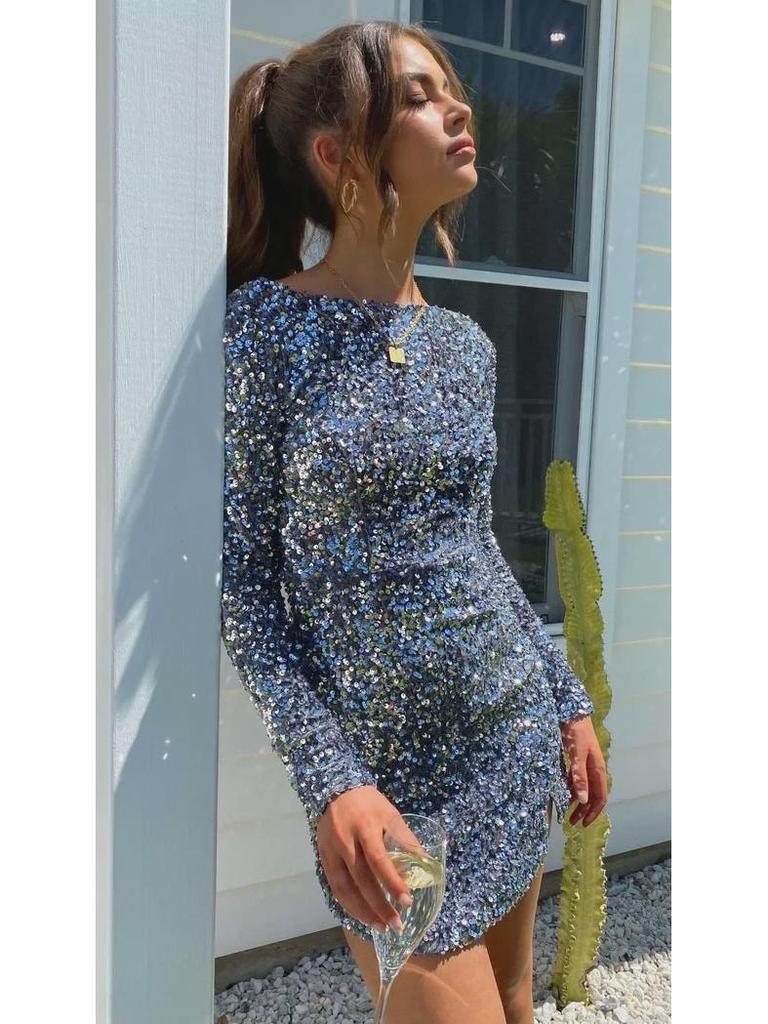 Flitrové šaty na párty s odhalenými zády a dlouhým rukávem – Elegantní evropský, americký a jihovýchodoasijský styl (4 barvy)