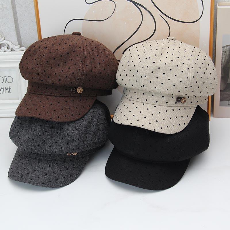 Polka dot button octagonal beret women's autumn and winter new fashion versatile face small literary and casual painter hat