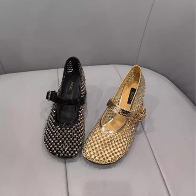 Europees Station Ademend mesh strass Franse 2025 lente en zomer één-woord gespriem mode enkele schoenen Mary Jane ondiepe mond