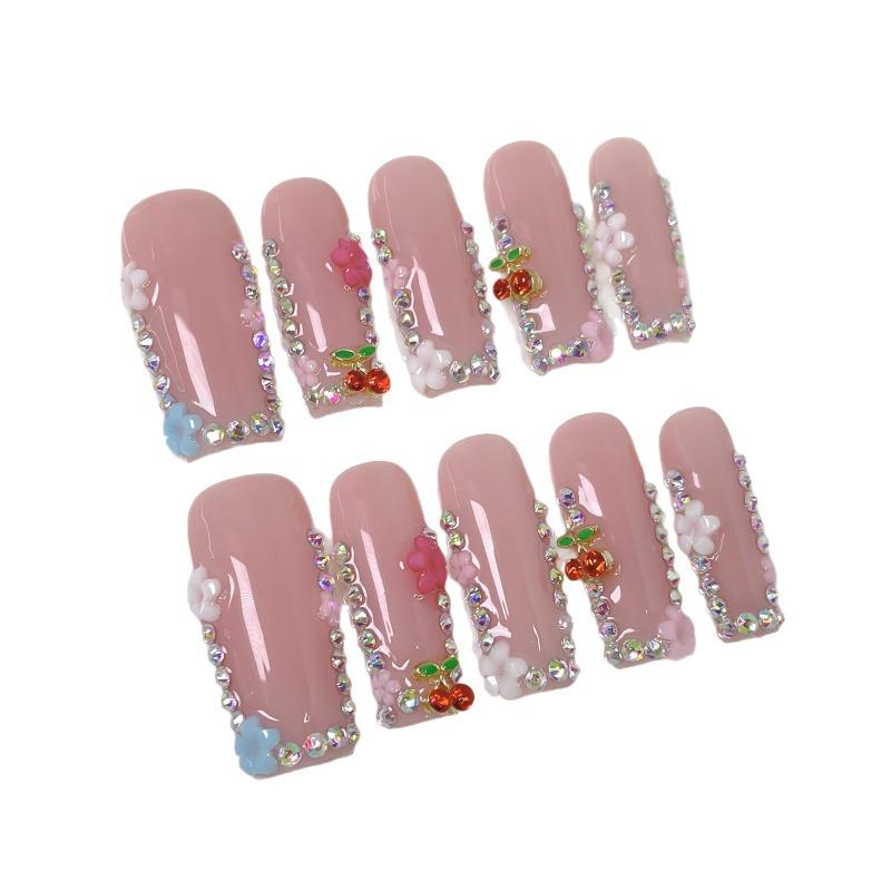 10Pcs Handmade Fake Nails Nude Pink Color Press On Nails Shiny Diamond Flower Designs Full Cover Reusable Nail for Girls&Women