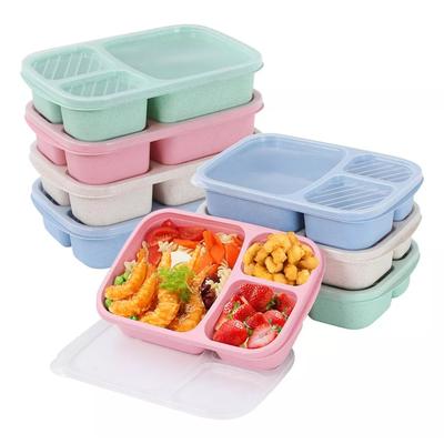Wheat Straw Lunch Box Leak-Proof 3 Grid with Lid Camping Picnic Portable Plastic Food Fruit Storage Container Bento Box for Kids