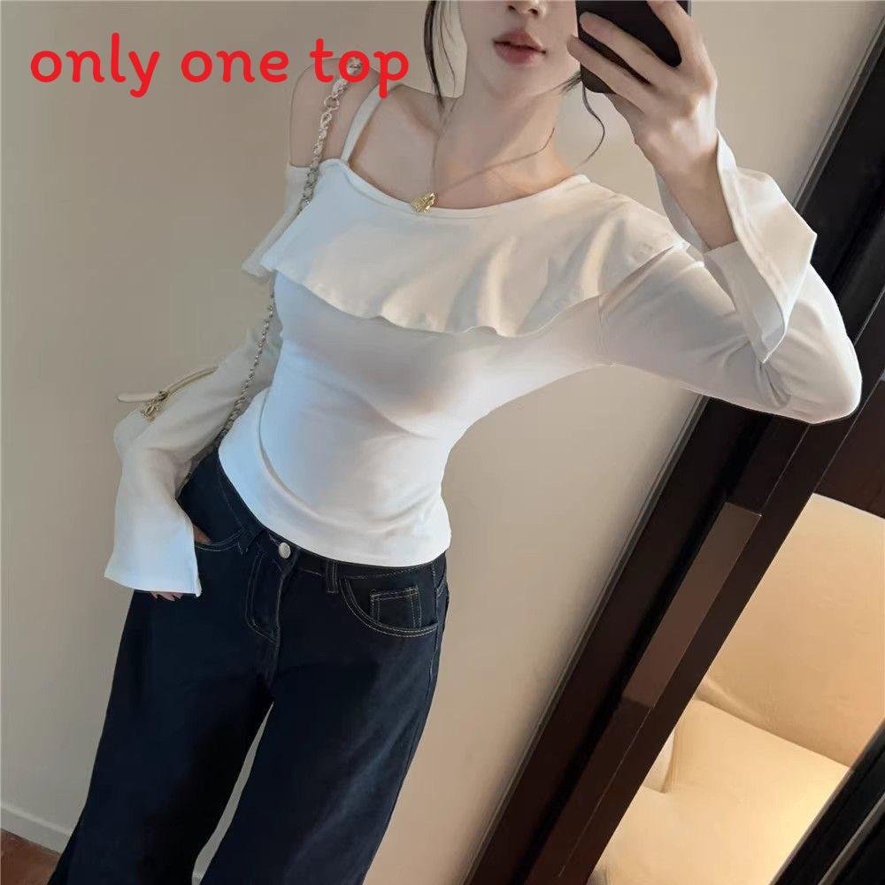 Ladies Off Shoulder T Shirt With Ruffle Hem And Asymmetric Design For Spring 2025