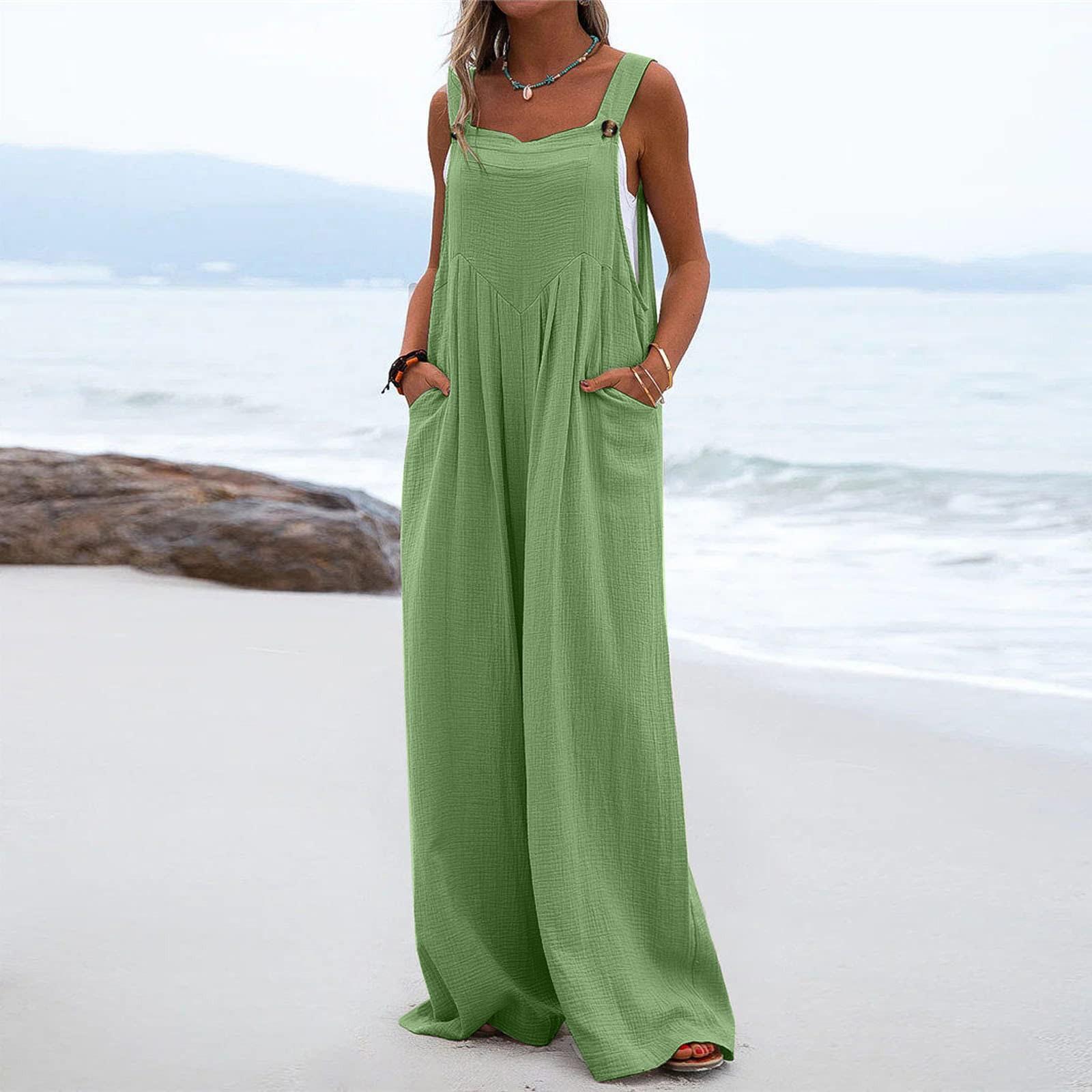 

Женский комбинезон на пуговицах, повседневный свободный комбинезон без рукавов S зелёный