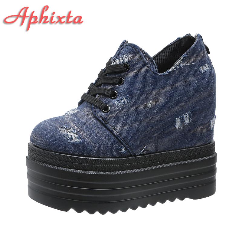 Aphixta Blue Denim Upper Platform Ankle Boot Height Increasing Women Back Zip Shoes Thick Botton Sole Lace Up Botas Mujer