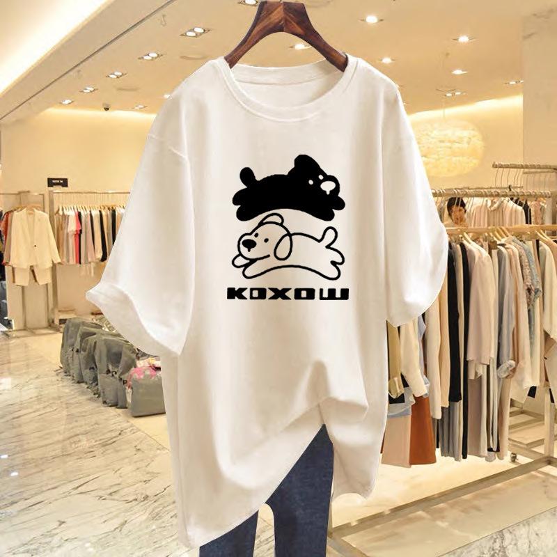 Women's Summer White Cartoon Print Cotton T-Shirt, Loose Fit, Mid-Length, Short Sleeve