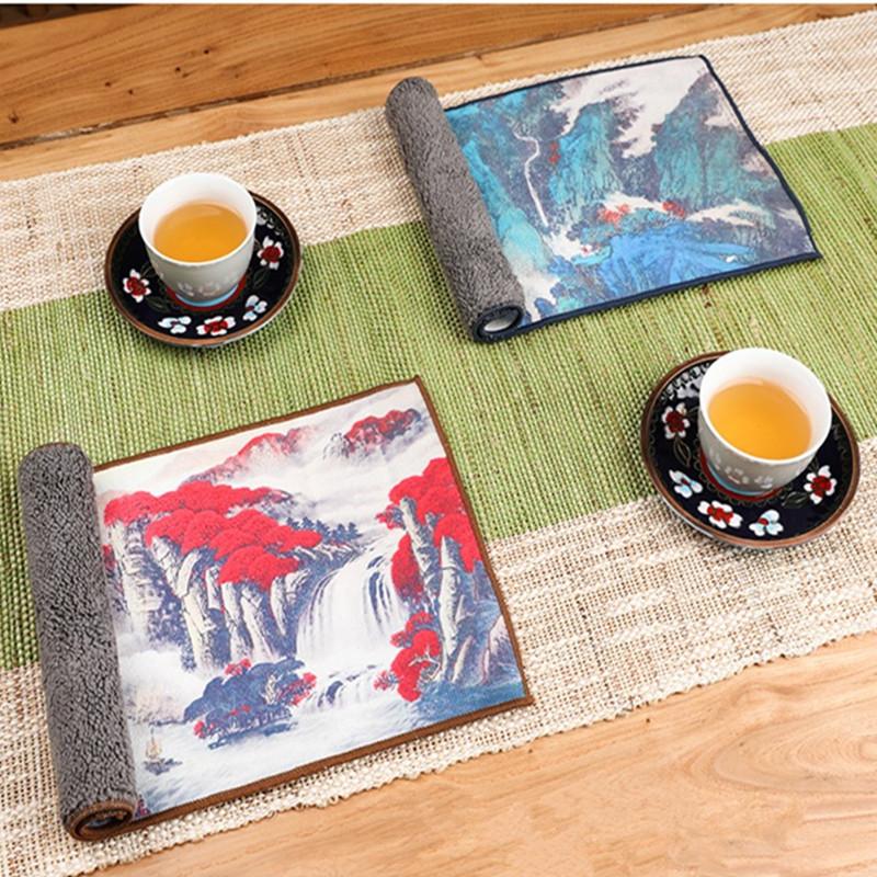1Pc 16x29cm Colored Tea Towel Teahouse Household Creative Antique Absorbent Suede Tea Mat Printing China-Chic Tea Cloth