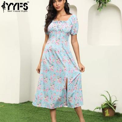 Women's Fashion Summer Spring Flower Pattern Print Short Sleeve Square Collar Middle Waistline Casual Dresses