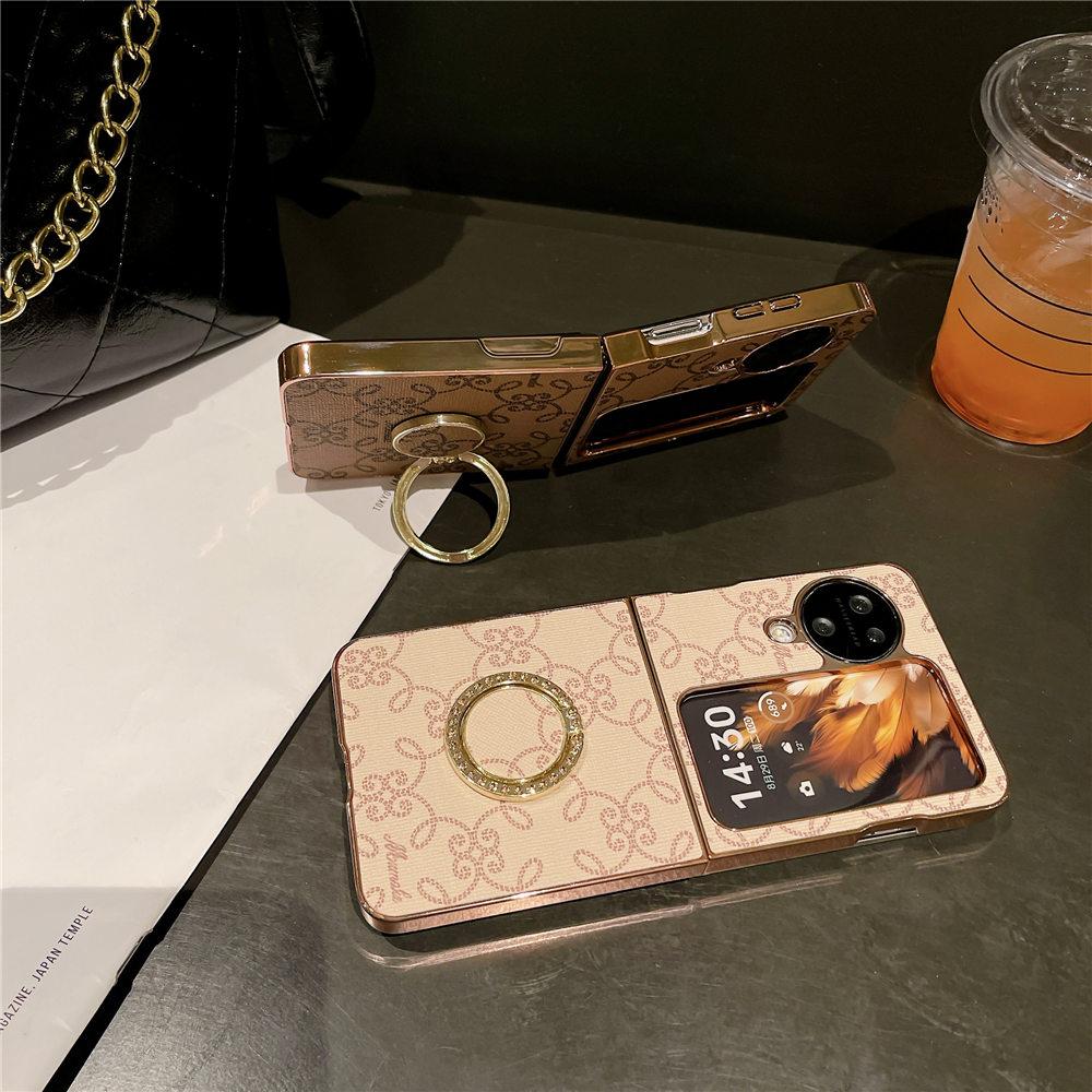 Electroplating Leather Ring Stand Phone Case For OPPO Find N3 Flip/N2 Flip Shockproof Flower Cover