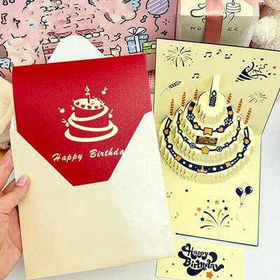 Colorful 3D Happy Birthday Card Surprise Gift Four-Layer Cake Folding Birthday Cake Card Best Wishes Paper