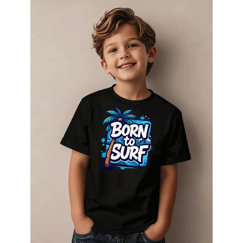 European sizes Boys' Clothing Casual Trendy Born to Surf Graphic T-Shirt with Coconut Tree Wave Print Kids Wear for Boys Daily Wear Sportswear