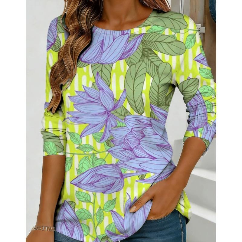 Spring Autumn Women's T-shirt O Neck Long Sleeved 3D Floral Print Fashion Loose Casual Retro Tops