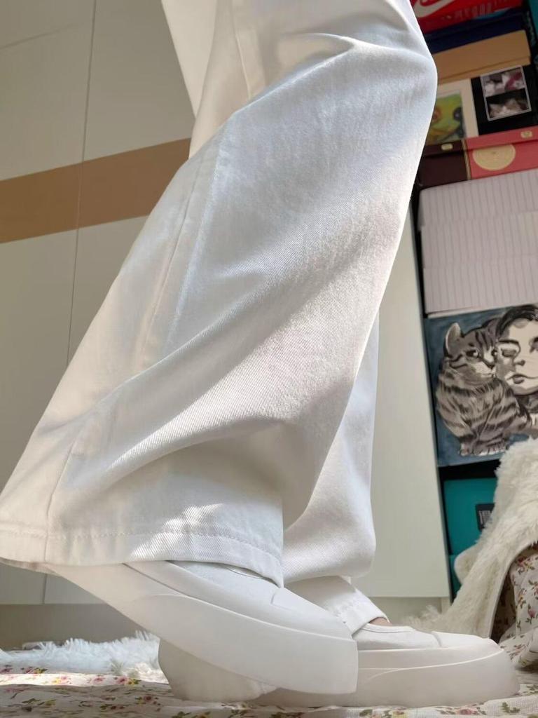 Women's White Wide-Leg Jeans, 2025 Spring/Summer, Pleated High-End, Loose Drapey Full-Length Pants.