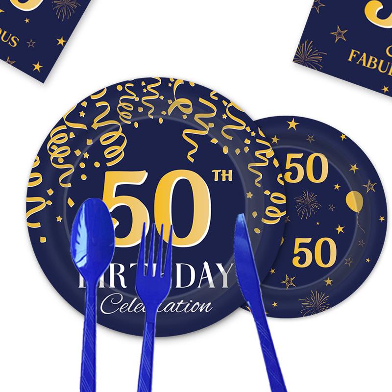 50Th Birthday Party Tableware Ink Blue Disposable Paper Plates Paper Cups Tissue Tablecloths Party Birthday Decorations