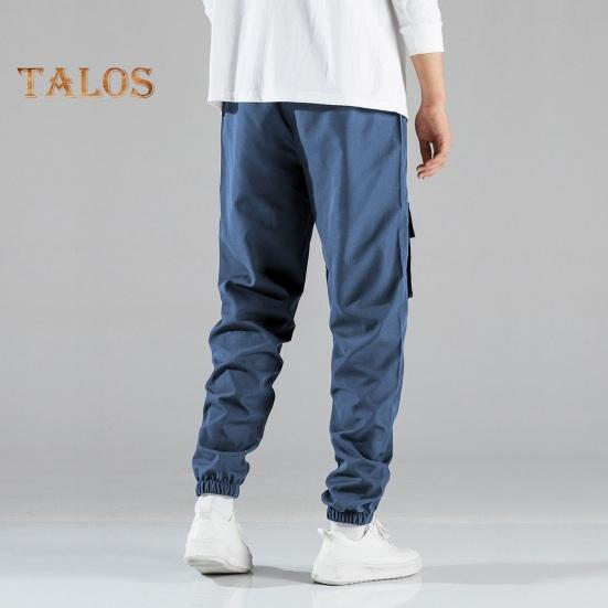 Men Cargo Pants Drawstring Elastic Waist Solid Color Muti Pockets Ankle-banded Loose Sport Trousers Daily Wear Casual Pants