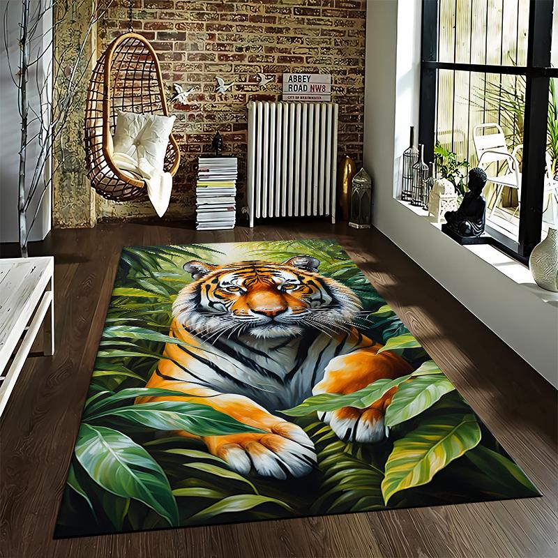 Tiger Print Carpet with Jungle Leaves Pattern for Home Decoration Suitable for use as an anti-slip for living room bedroom sofas
