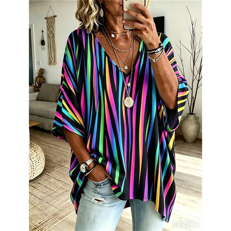 T-shirt da Donna Taglie Forti Scollo a V Maniche a Pipistrello Stampa Etnica Boemia Top Largo Estivo Comodo Traspirante Quotidiano Casual Stile Modellante