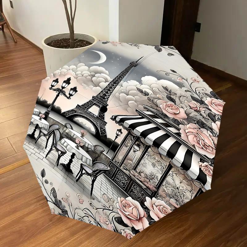 1PC Parisian, Cafe Umbrella-8-Rib Reinforced, Automatic Open, Lightweight & Durable, Cute Fashion Accessory for Outdoor, Beach, or Casual Use, Beach U