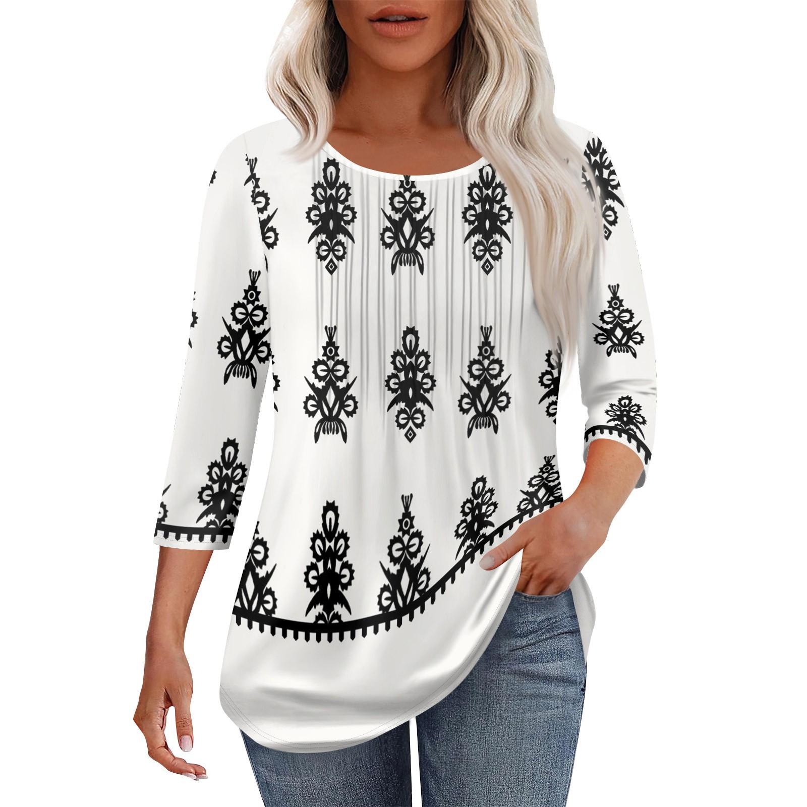 

Женская модная повседневная плиссированная футболка с круглым вырезом и рукавами три четверти с повседневным цветочным принтом XL белый