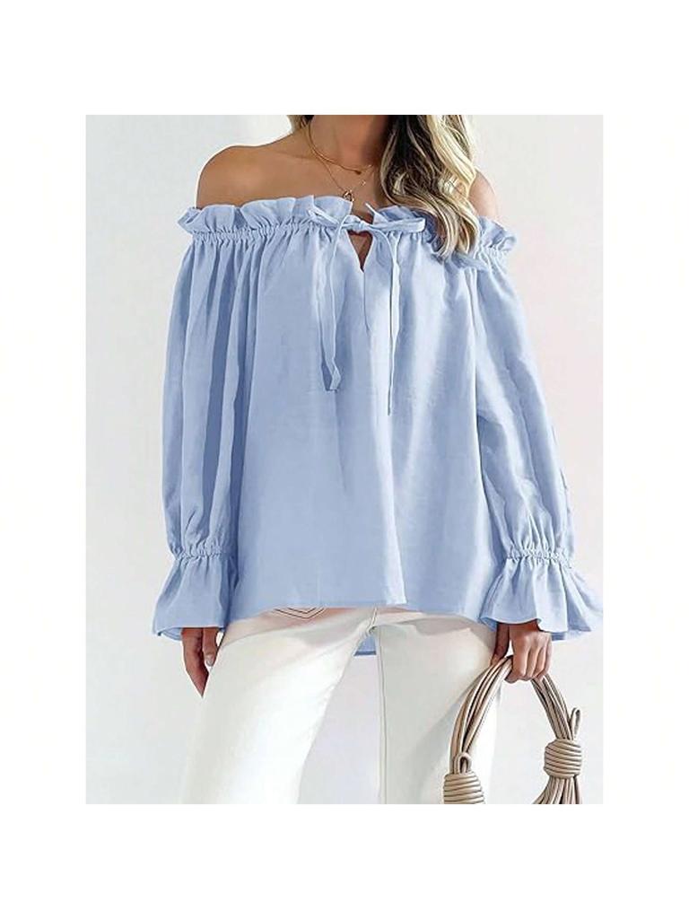 Damen Schulterfrei Bluse Langarm Rüschen Tunika Top Elegant Lässig
