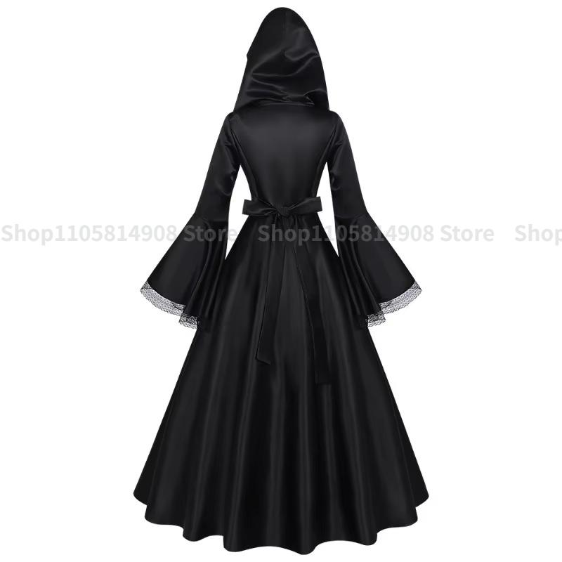 Halloween Středověké Gotické Maxi Šaty s Kapucí Kostým Duchů Nevěsty Čarodějnice pro Dospělé Dlouhé Rozšířené Rukávy Cosplay Roucho na Tematickou Párty