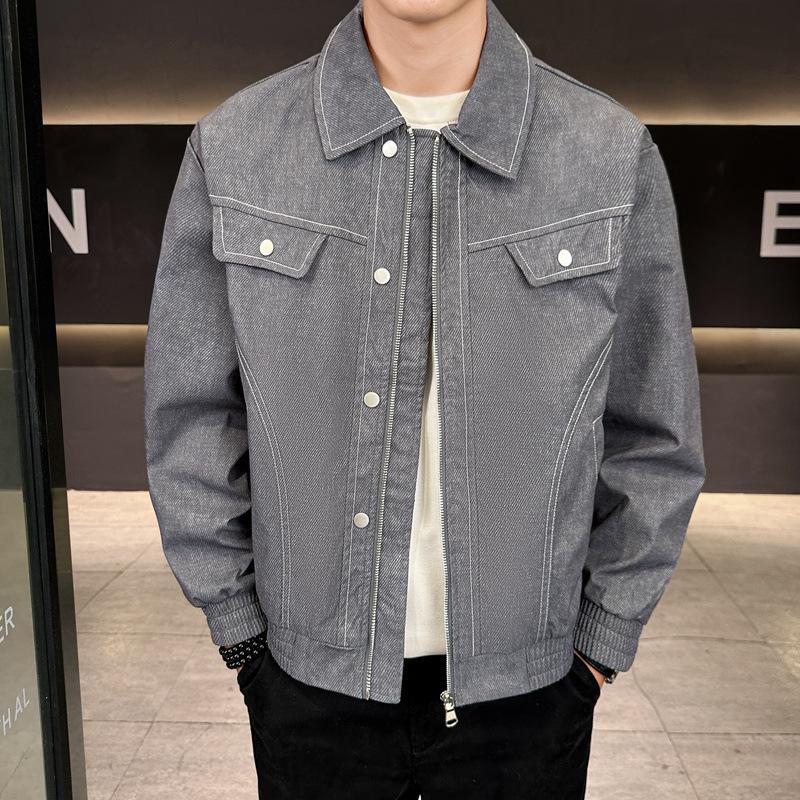 

Autumn New Jacket Men s Lapel Personalized Printing Plus Fat M серый