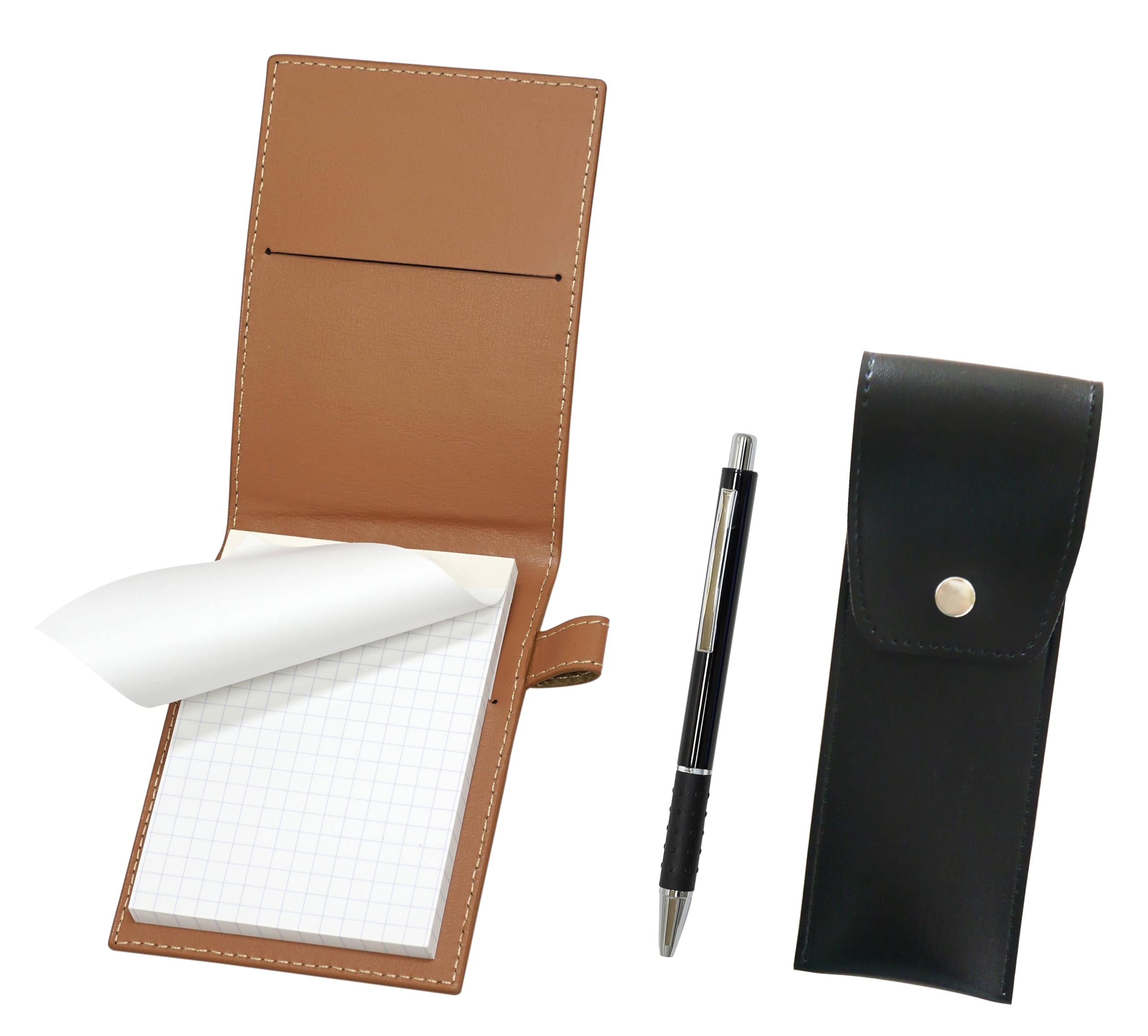 

Mocha Recycled Cowhide Mini Notebook Cover with Black Round Button Pen Case and Black Metal Pitch Grip Ballpoint Pen Set & (LS022PM-BRSB-WZ2067BP-B) чёрный