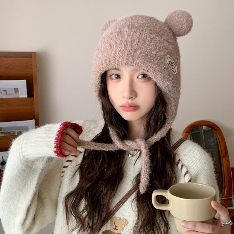 Cute Bear Ears Knitted Plush Hat for Women Autumn and Winter Warm Ear Protection Bag Head Hat Large Head Circumference Casual Windproof
