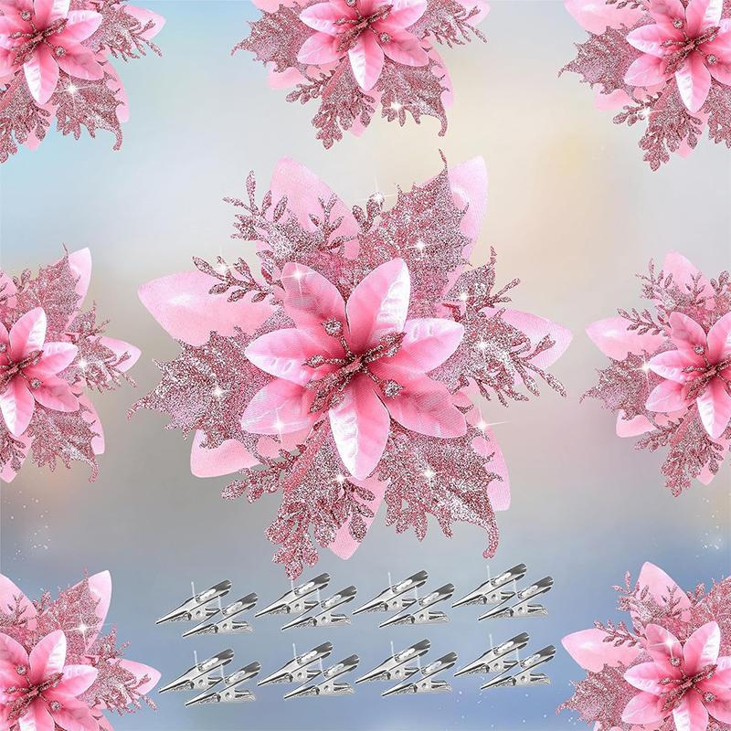 2/5Pcs 14cm Glitter Artifical Christmas Flowers Mreey Christmas Tree Decor Happy New Year Ornaments Xmas Fake Flowers Natal