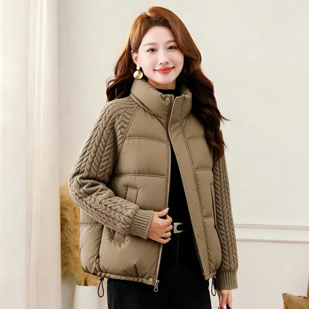 Winter New Thick Twist Knitted Sleeves Splicing Cotton Clothes Women's Stand-up Collar Short Small Thickened Warm Jacket