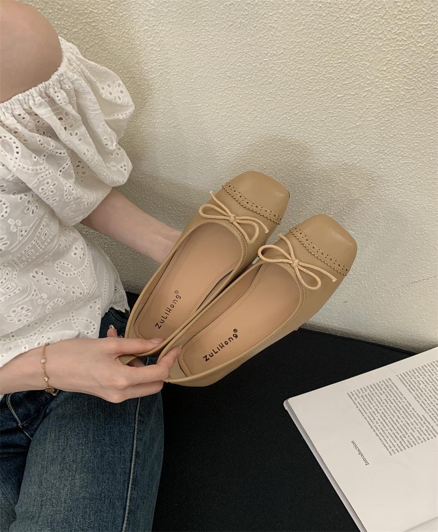 

Small inner height increase French round head brown bow ballet shoes with skirt temperament evening shoes 39