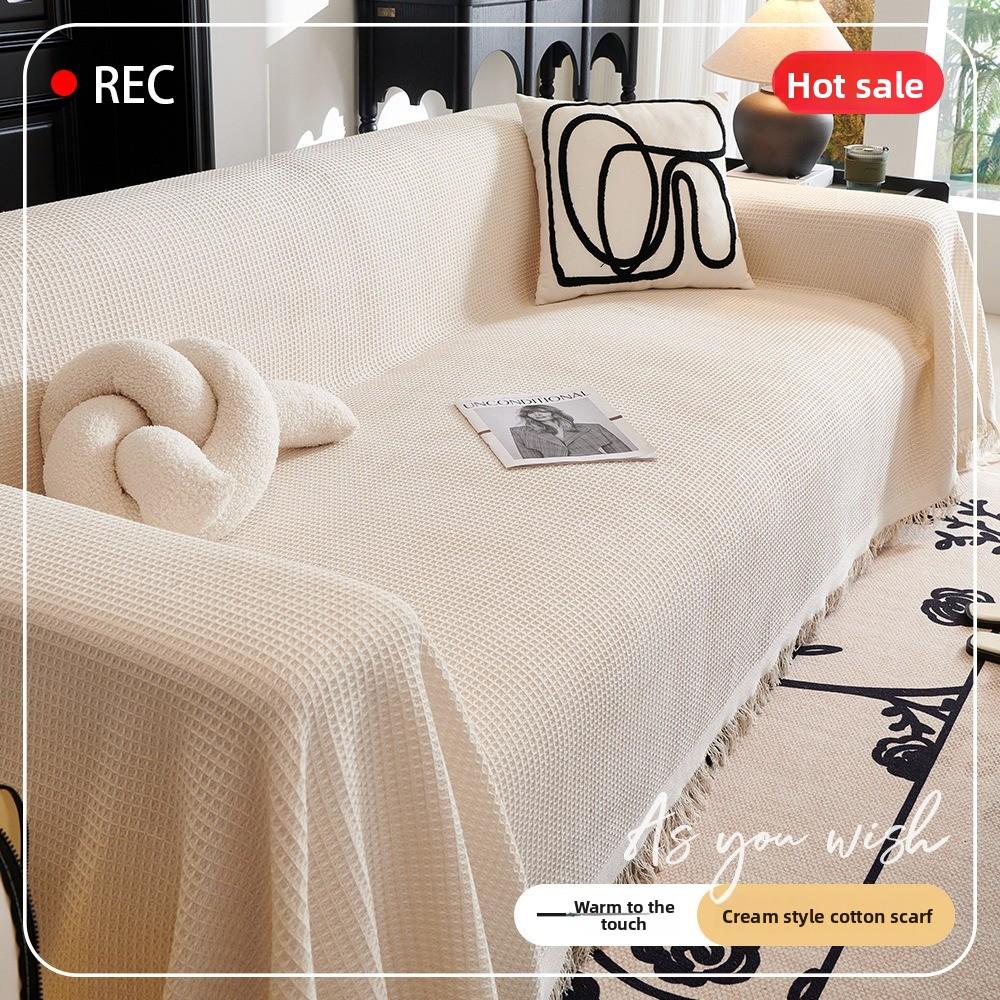 Universal Cream Sofa Cover Full Coverage Stretchable Slipcovers Cotton Gauze Couch Blanket for All Season Home Decor