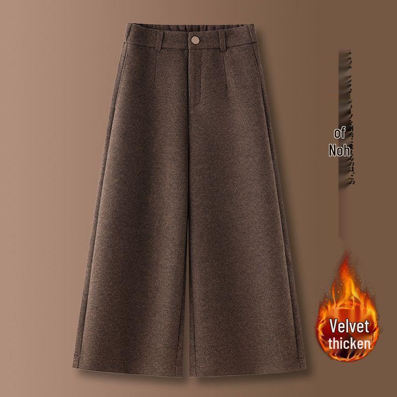 Coffee-Colored Fleece-Lined Wool Blend Wide-Leg Petite Pants - New Style, Thickened, Eight-Tenths Length, Cashmere Straight-Leg for Women.