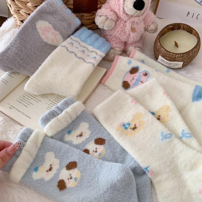 Female Autumn and Winter Thickened Warm Love Cute Cartoon Dog Home Floor Sleep Tube Stack Socks