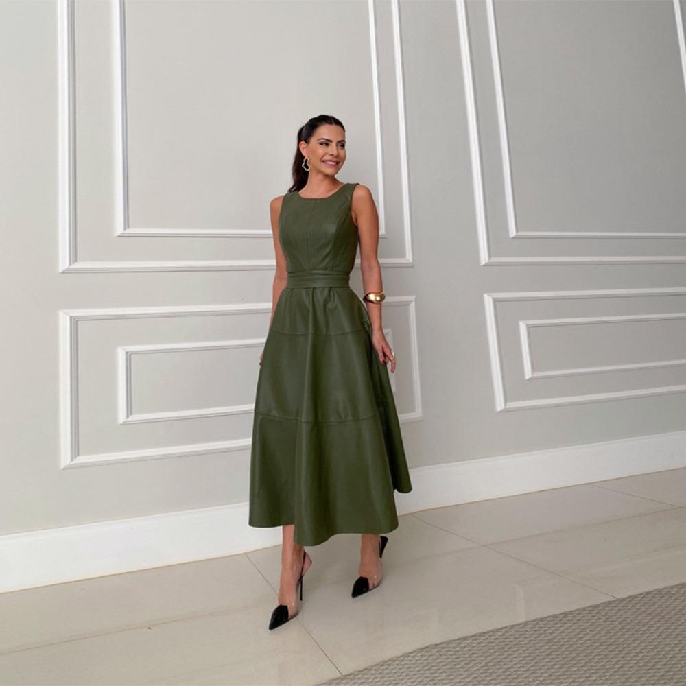 Damen Rundhals Ärmelloses Midi-Kleid Enganliegend Hohe Taille Elegant Kunstleder A-Linie Bürokleid