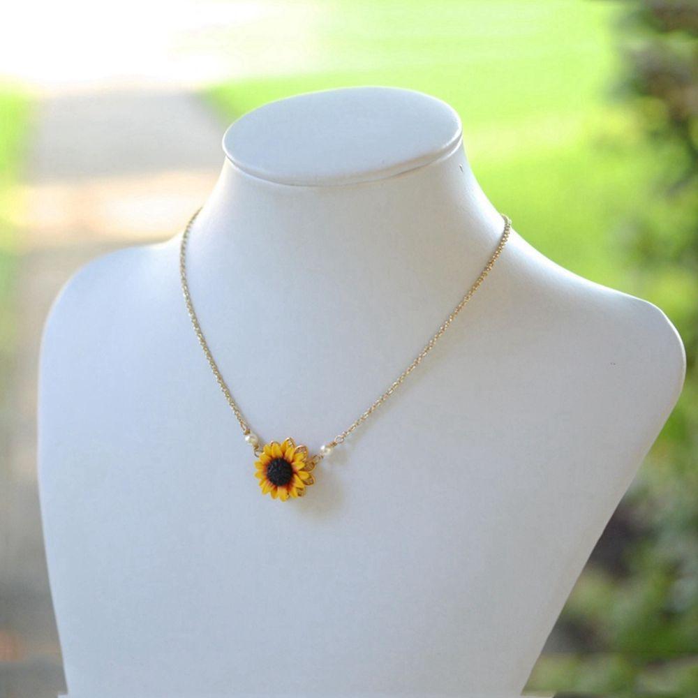 Charm Romantic Jewelry Pearls Flower Pendant Sunflower Necklace Chain Gold Plated