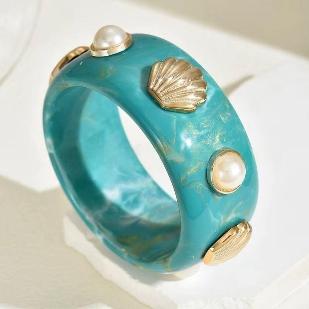 Lightweight Resin Pearl Shell Bracelet Wide Chunky Wrap Wristbands Cuff Bracelet  Women