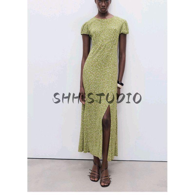 Summer New Arrival Women's French Floral Holiday Side Slit Puff Short Sleeve Straight-leg Dress 17073793