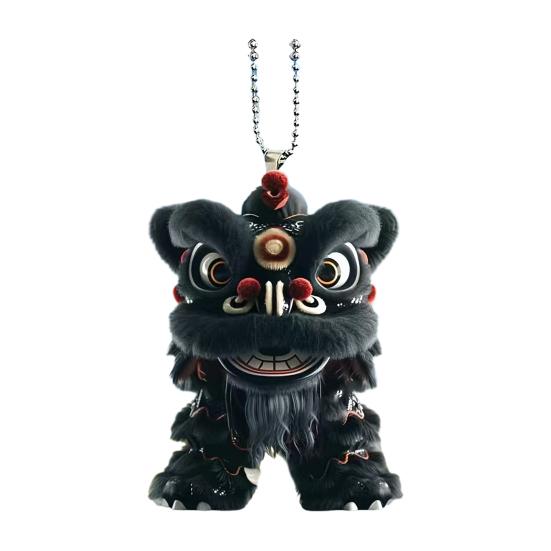 Car Pendant with Metal Chain Lion Dance Design Plush Fabric Car Charm Keychain Bag Accessory Good Fortune Decoration