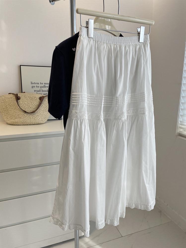 French White A-Line Midi Skirt: Summer Elastic Waist, Inner Lining, Drape Slimming, Wide Hem