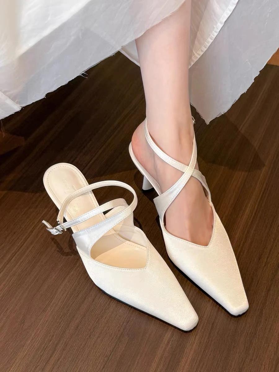 

Модные женские сандалии с острым носком, на тонком каблуке, с ремешком-пряжкой, женская обувь для банкета, платье с закрытым носком, французские элегантные новые сандалии для женщин 40