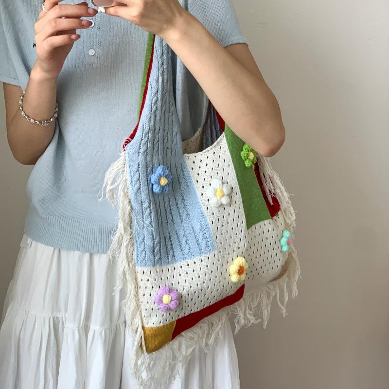 Yogodlns Forest Style Versatile Casual Shoulder Woven Bag Contrasting Colors New Simple Tote Bag Large Capacity Shopping Bag