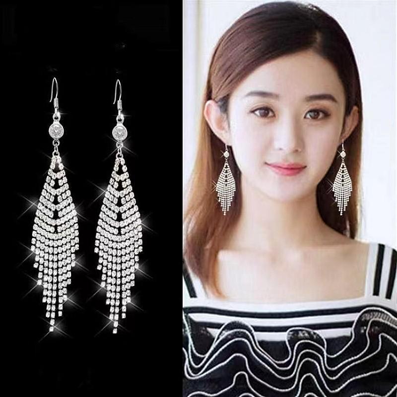 Korean Trend Crystal Rhinestone Long Tassel Earrings