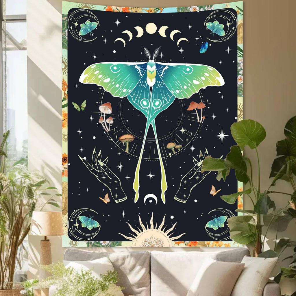 Mystical Luna Moth Tapestry, Green Moon Moth With Lunar Phases,Mushrooms And Witchy Hands Print Wall Hanging For Bedroom Living